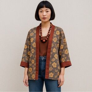 Brown & Gray Butterfly Floral Kimono Jacket Top – Open Style